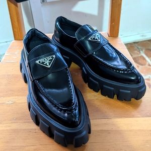 Prada Monolith pointy brushed leather loafers